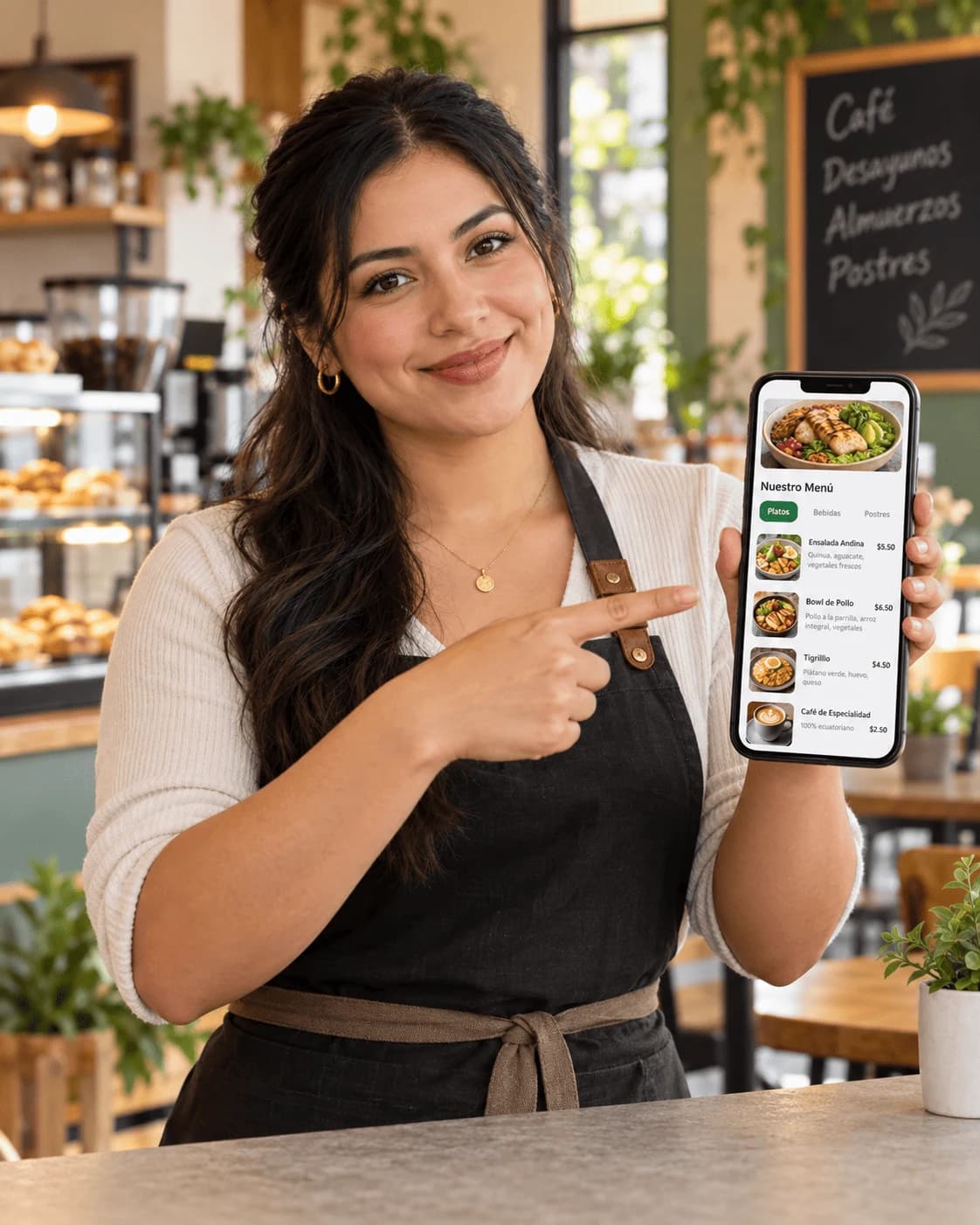 Dueña de una cafetería mostrando y señalando productos de su menú digital en el celular